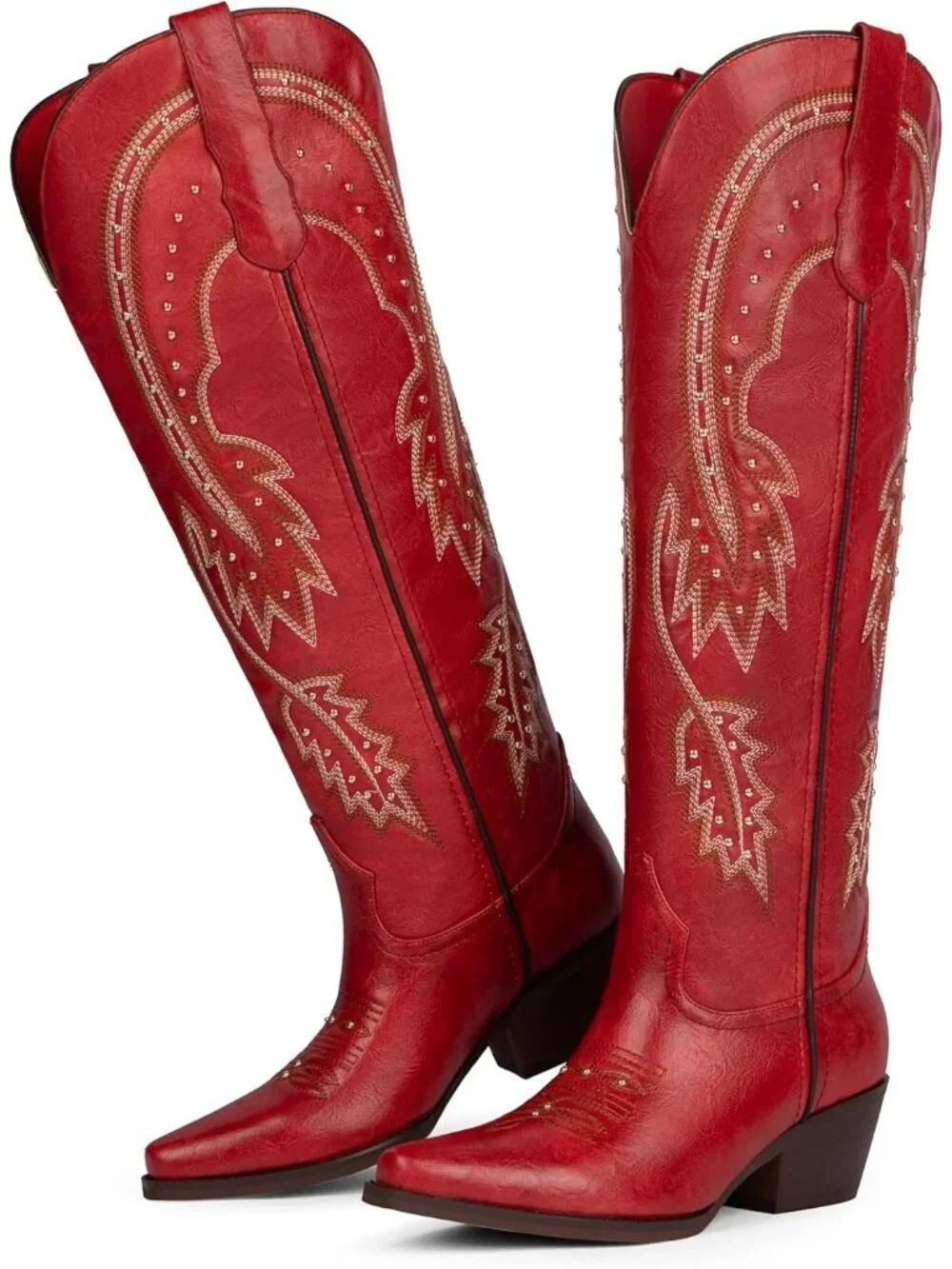 Women's Red Knee High Cowgirl Boots Pointed Toe Slip On Chunky Heel
